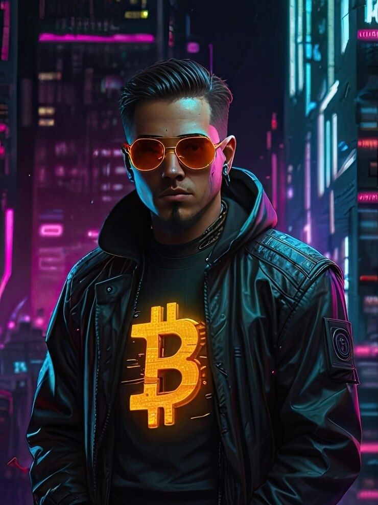 Bitcoin miner in futuristic jacket