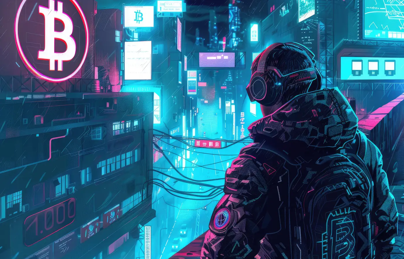 Futuristic cyberpunk bitcoin illustration